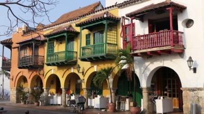 Colourfully painted colonial buildings of Old Town Cartagena.