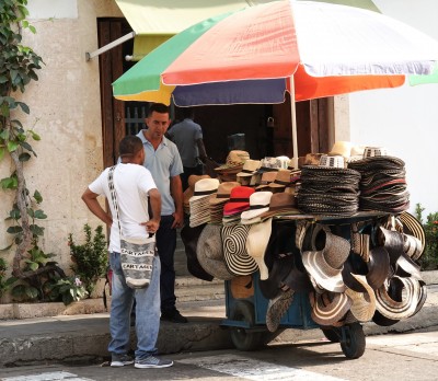 A hat seller's mobile stall.