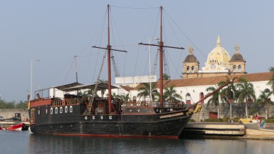 A replica pirate ship tied up in Pegasus harbour.