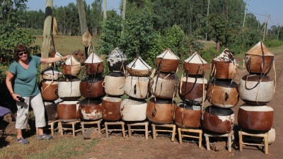 Cow and goat skin containers for sale at the roadside